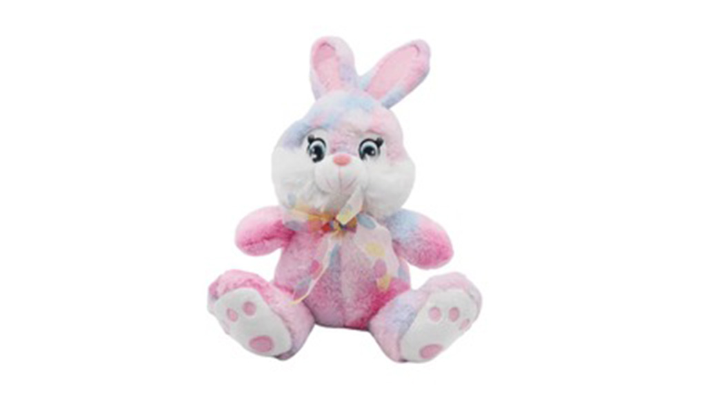 A soft pastel-colored bunny plush toy with pink, blue, and white fur, featuring big embroidered eyes, a ribbon bow, and heart-shaped paw pads.
