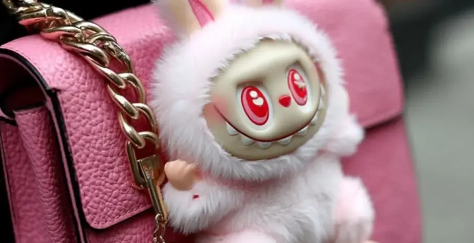 Pink Labubu plush toy with red eyes hanging on a gold-chain designer handbag.