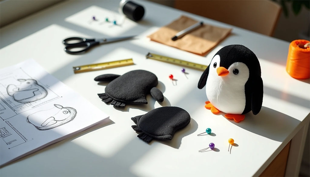 A crafting workspace showing a finished penguin plush toy beside cut fabric pieces, pattern sketches, scissors, pins, and measuring tools.