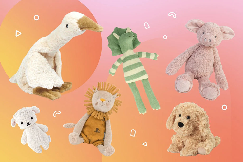 Assorted plush animals—including a goose, green striped creature, pig, lamb, lion, and fluffy dog—arranged on a colorful gradient background with playful shapes.