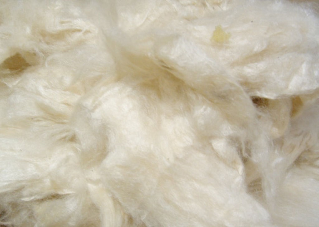 Close-up view of soft, silky, off-white natural fiber stuffing material with a fluffy, lightweight texture, commonly used for plush toys or cushions.