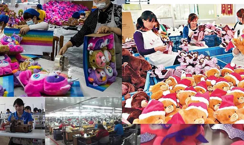 Workers in a plush toy factory assembling, sewing, and packaging stuffed animals in large batches.