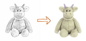 A side-by-side comparison showing a black-and-white plush toy sketch transformed into a finished fluffy stuffed animal with light gray fur and purple horns.