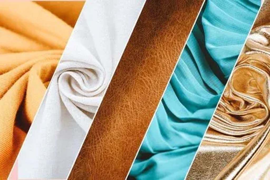 A collage of different plush-toy fabric materials, including cotton knit, white jersey, faux leather, turquoise stretch fabric, and shiny metallic gold fabric, displayed in diagonal sections.