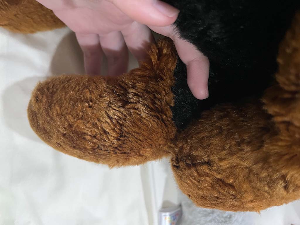 A close-up of hands checking the fur and seams of a brown plush toy against a white background.