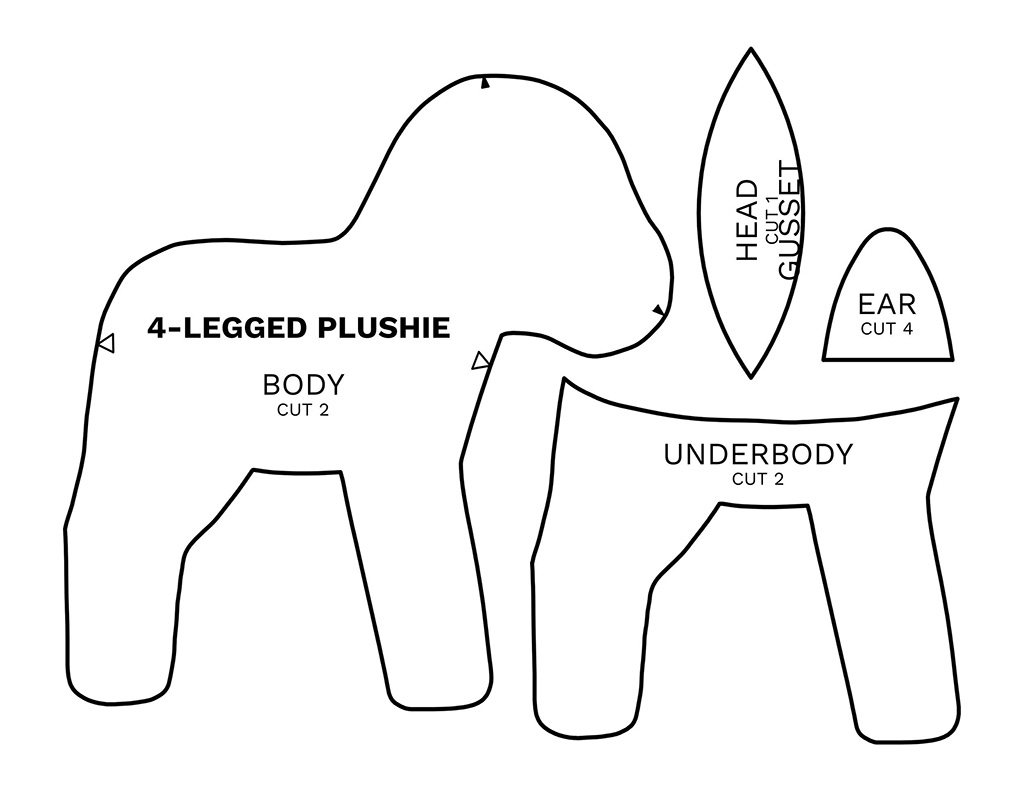 Black-outlined sewing pattern showing body, underbody, head gusset, and ear pieces for creating a four-legged plush toy.