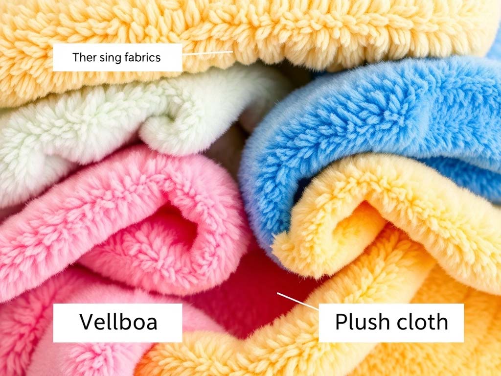 Close-up photo of colorful plush fabrics, including vellboa, plush cloth, and thersing fabrics, rolled and stacked together to show their fluffy textures.