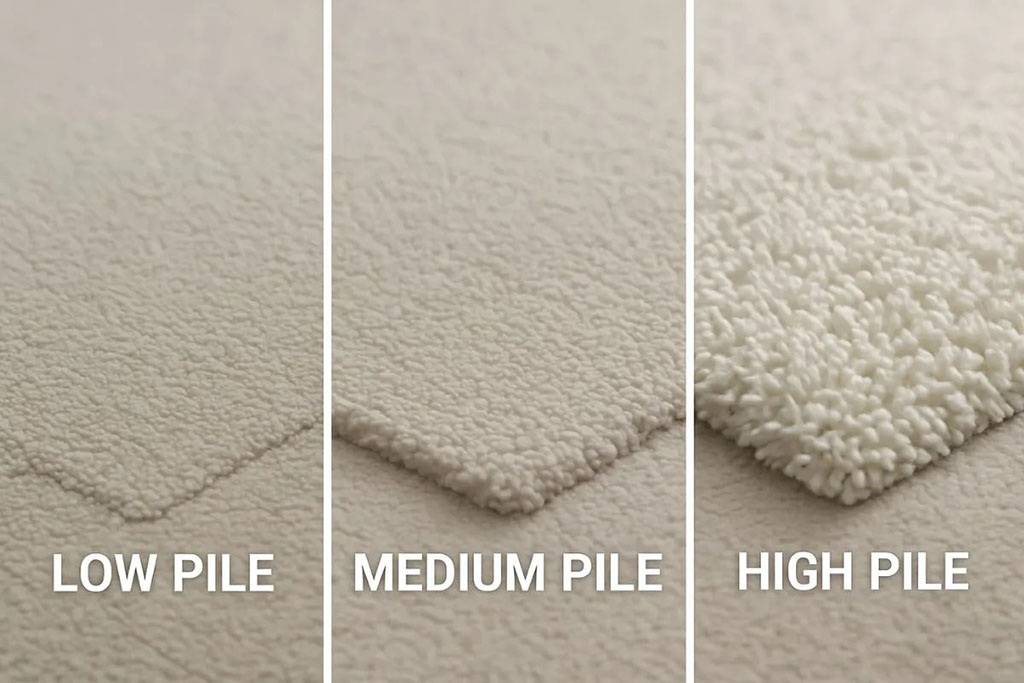 Side-by-side comparison of low pile, medium pile, and high pile fabrics showing differences in texture height and softness.