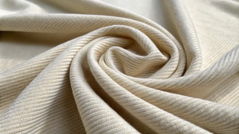 Close-up of soft beige stretch knit fabric twisted into a spiral, showing its smooth texture and fine ribbed pattern.