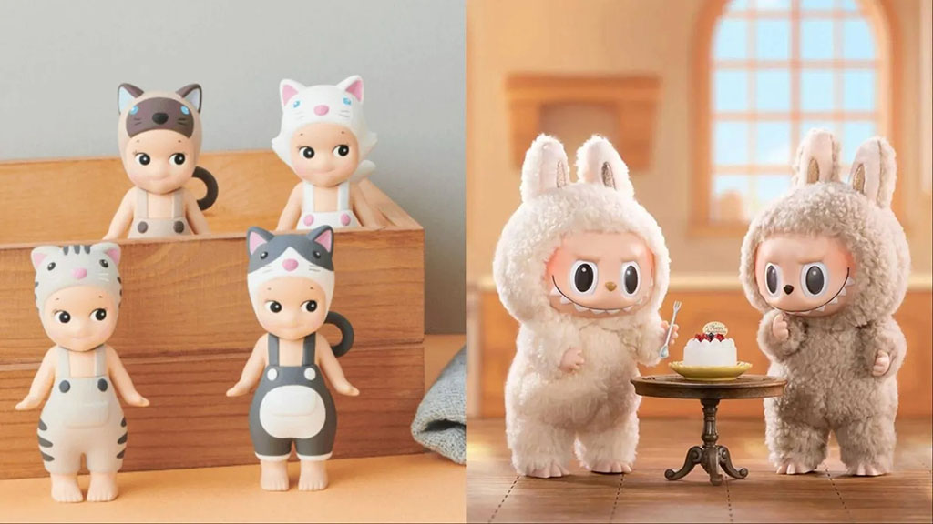 A mix of collectible designer toys, including animal-themed vinyl figures and fluffy bunny-suited plush characters sharing a dessert.