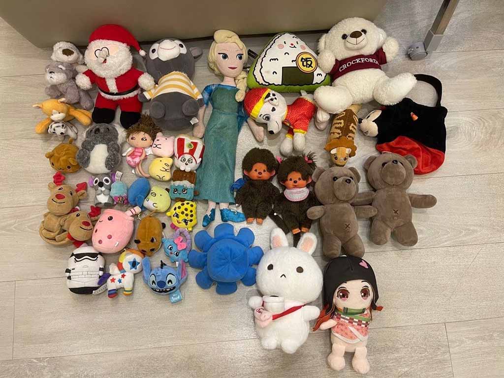 Collection of assorted plush toys including animals, cartoon characters, and dolls arranged neatly on a light wooden floor.