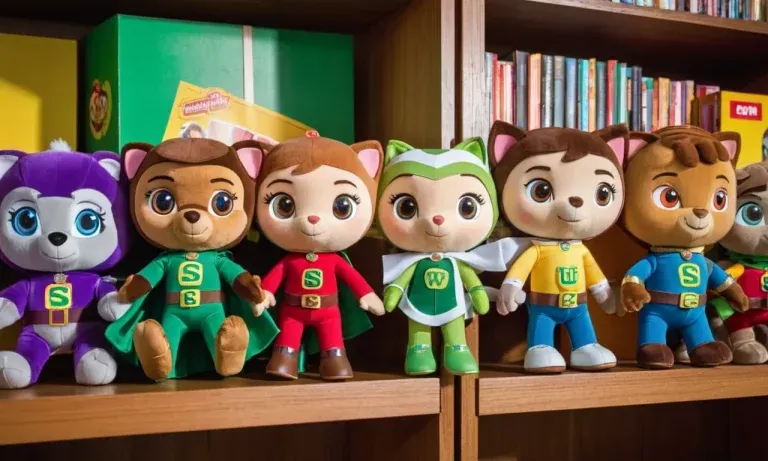 A lineup of Super Why character plush toys arranged on a wooden shelf, featuring colorful superhero outfits and expressive faces.
