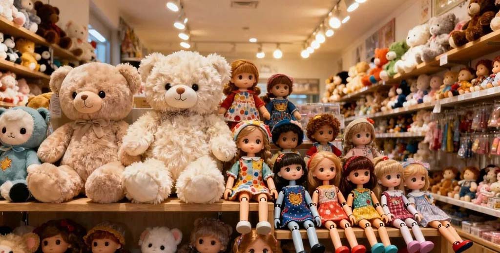 Shelves filled with plush teddy bears and colorful dolls arranged neatly inside a well-lit toy store.