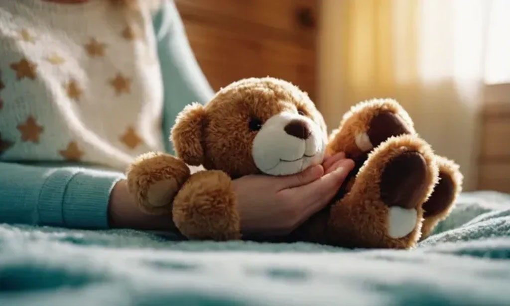 A person gently holding a soft brown teddy bear while sitting on a bed, representing emotional comfort and the calming connection adults have with plush toys.