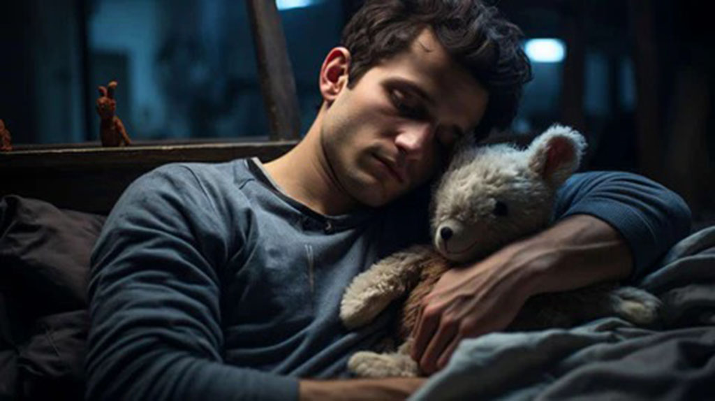A young man resting while hugging a teddy bear, symbolizing emotional comfort and the soothing effect of plush toys for adults.