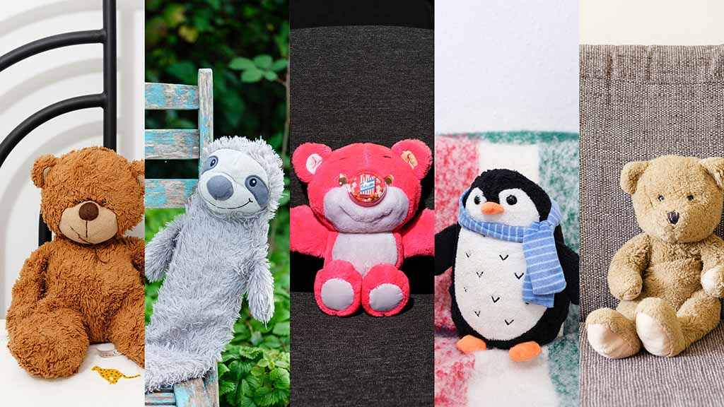 Five plush toys including a teddy bear, sloth, pink bear, penguin, and classic beige bear displayed side by side on various backgrounds.