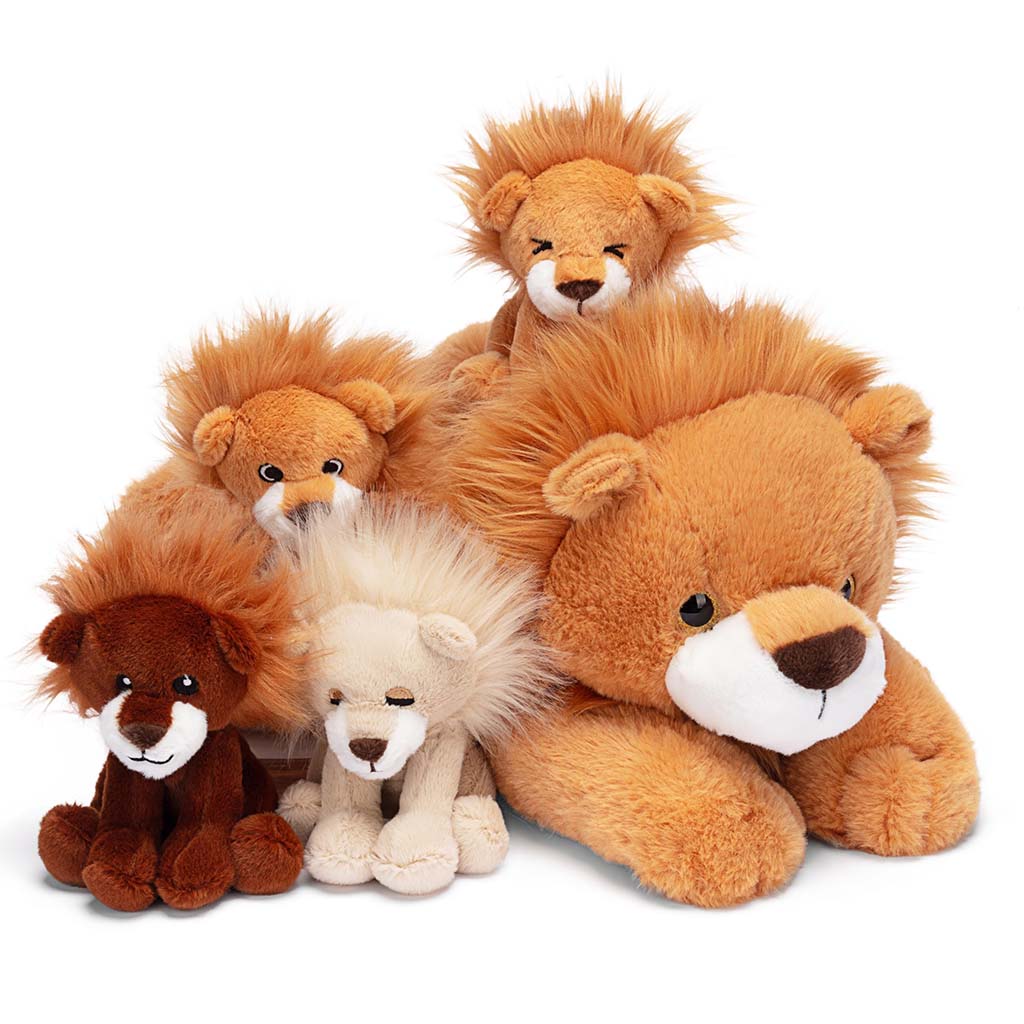 Group of soft plush lion toys in different sizes and shades of brown with fluffy manes, arranged together as a family set.
