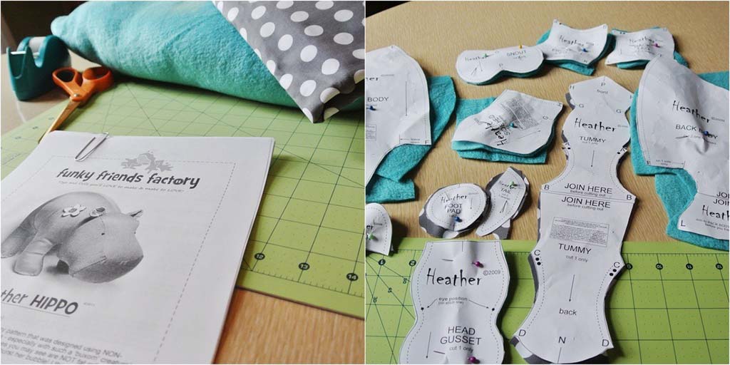 Printed plush toy sewing patterns laid out on fabric alongside scissors, tape, and materials for crafting a stuffed animal.