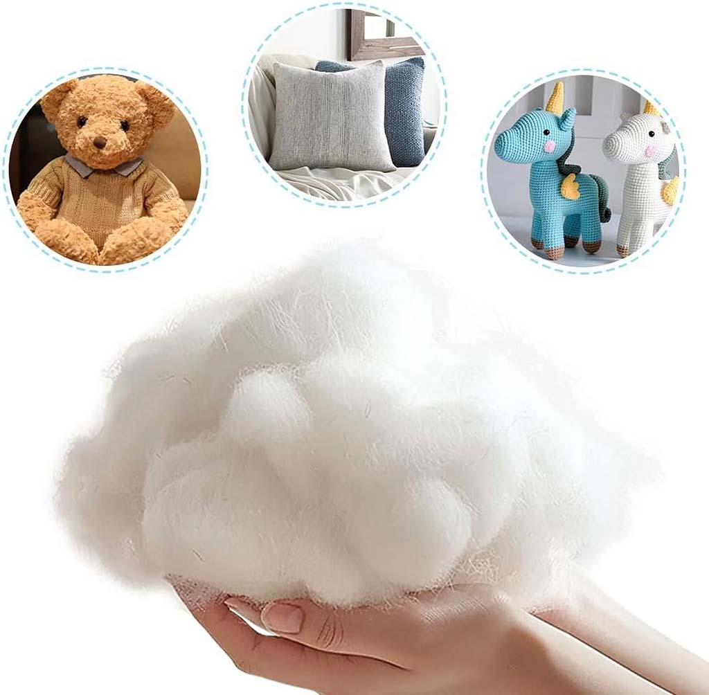Hands holding fluffy white polyester fiberfill with small images showing its use in teddy bears, pillows, and crocheted plush toys.