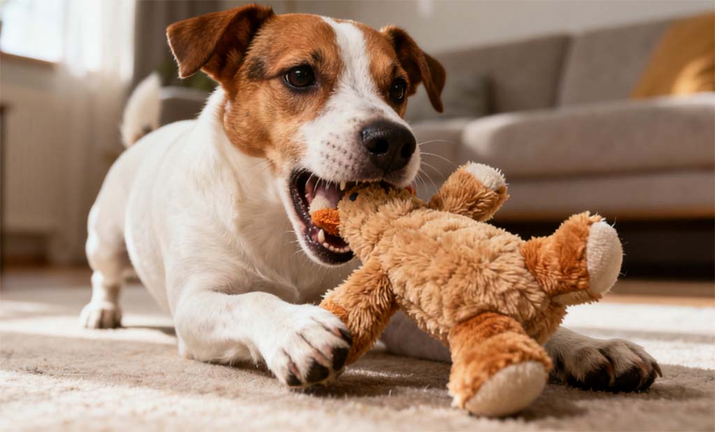 Energetic dog playing on a carpet and biting a brown plush toy while looking alert and playful indoors.