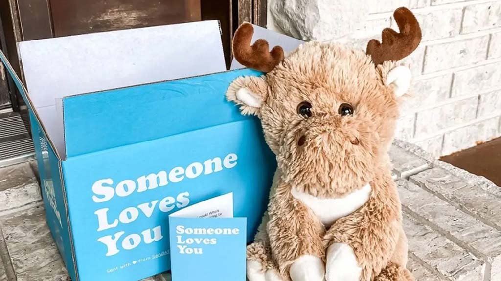 A cute plush moose sitting beside a blue gift box and card that read “Someone Loves You” on a doorstep.