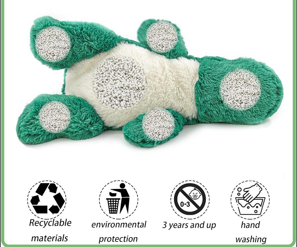 Green and white stuffed animal showing bead-filled weighted sections with icons for recyclable materials, eco protection, and hand washing.