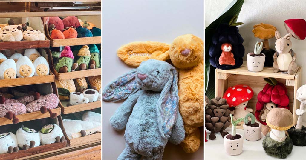Three-panel collage showing various plush toys: left panel features wooden shelves filled with soft vegetable-themed plushies; center panel shows two cuddly bunny plush toys lying together; right panel displays whimsical forest- and plant-themed plush characters arranged on wooden crates and a table.