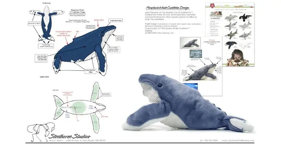 Plush whale toy with detailed pattern sheet and design sketches
