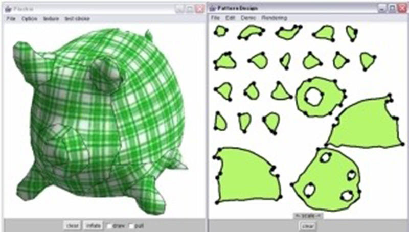 Side-by-side display of a 3D green plaid plush model and its automatically generated flat pattern pieces in design software