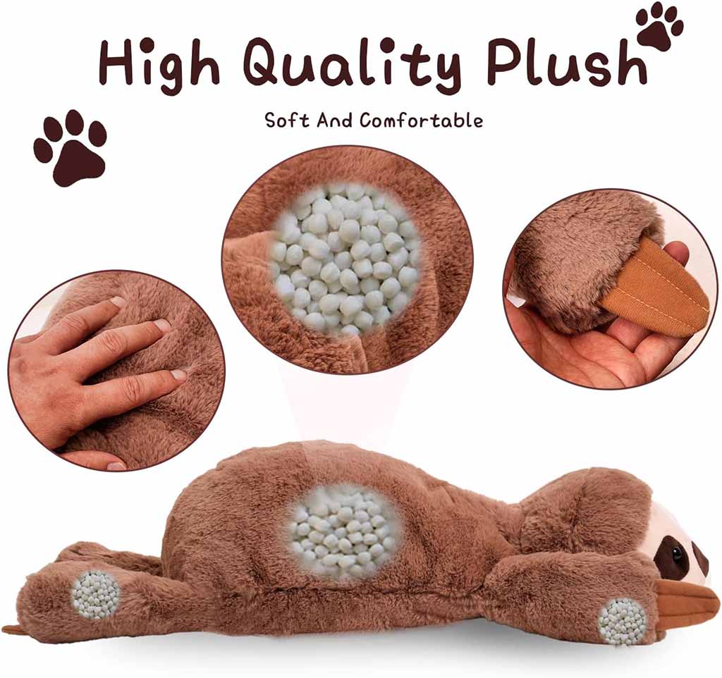 A brown sloth plush toy shown with close-up circles highlighting its soft fabric texture and bead-filled stuffing, labeled as “High Quality Plush” and “Soft and Comfortable.”