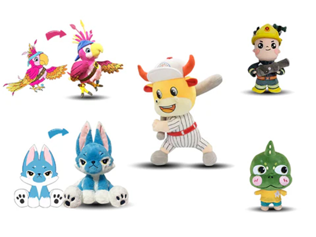 A collage showing cartoon character designs transformed into plush toys, including a colorful parrot, a blue fox, a baseball-themed bull mascot, a firefighter character, and a green dinosaur, demonstrating concept-to-plush customization.