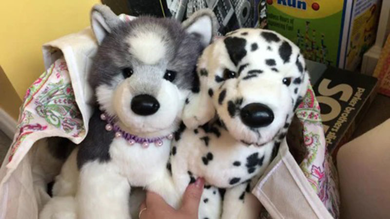 Two plush dog toys, a grey husky and a spotted dalmatian, sitting together in a patterned fabric bag.
