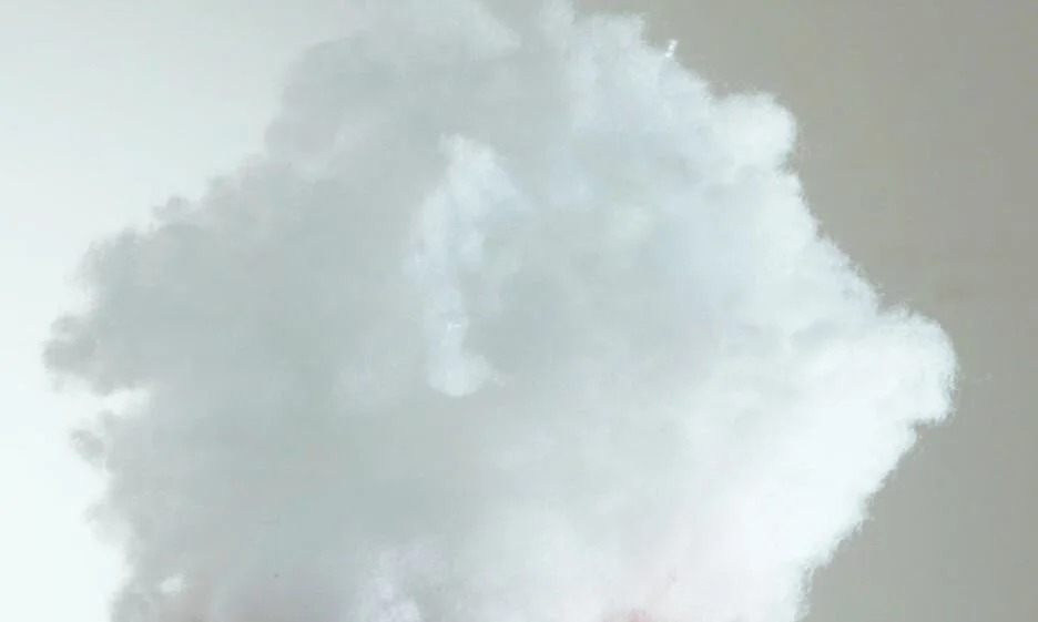 A close-up view of fluffy white polyester stuffing fiber held in a hand against a plain light background, typically used to fill plush toys.