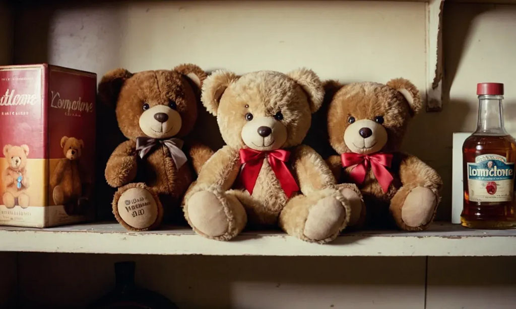 Three plush teddy bears with red and brown bows sitting on a shelf between vintage-style packaging and a bottle, showing timeless stuffed toy design.