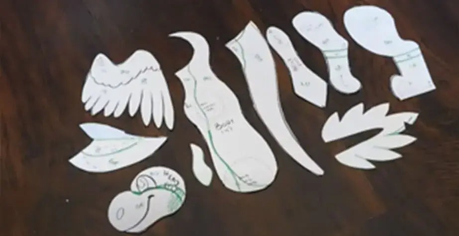 Screenshot of a plush pattern-making software showing a 3D goat model on the right and two flattened sewing pattern pieces on the left, used for designing and generating custom plush toy templates.