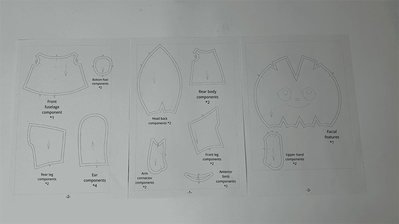 Printed sewing pattern sheets for making a plush toy, showing labeled components such as body pieces, legs, ears, facial features, and connector parts arranged on paper.