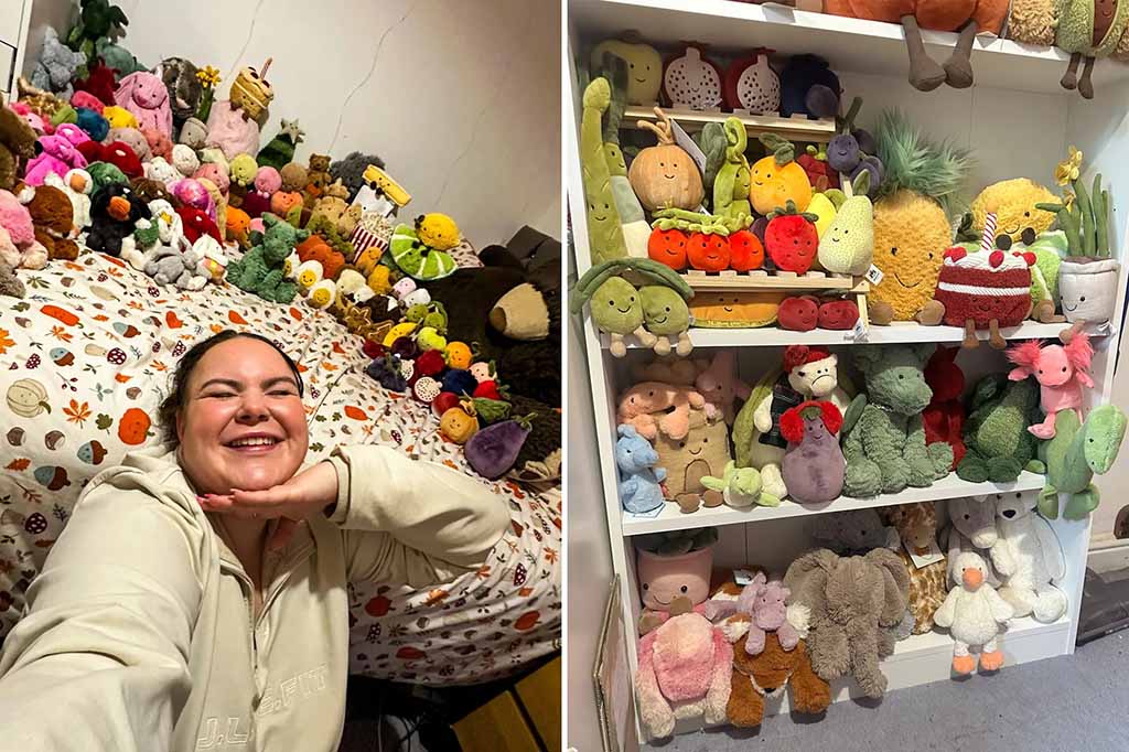 Woman smiling beside a large colorful collection of Jellycat plush toys displayed on a bed and neatly arranged on shelves.