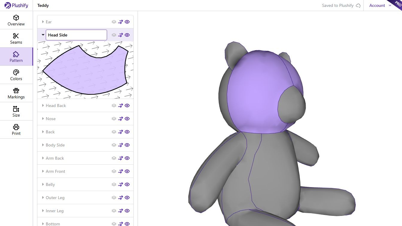 Screenshot of a digital plush-toy design software showing a 3D teddy bear model on the right and flat pattern pieces, including the head side panel, listed on the left.