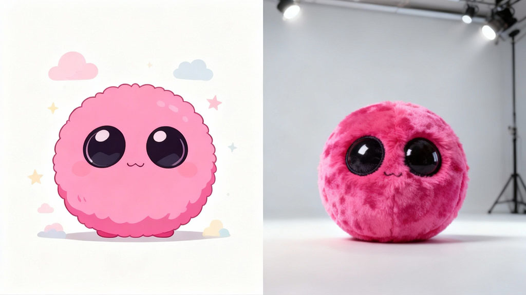 Side-by-side comparison of a cute pink fluffy character illustration and its real plush prototype, showing large glossy eyes, round shape, and soft furry texture in a studio setting.