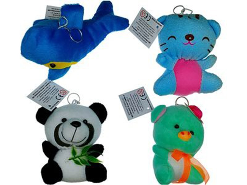 Four colorful mini plush keychain toys—a blue whale, a blue cat, a panda, and a green bear—each with attached safety tags.