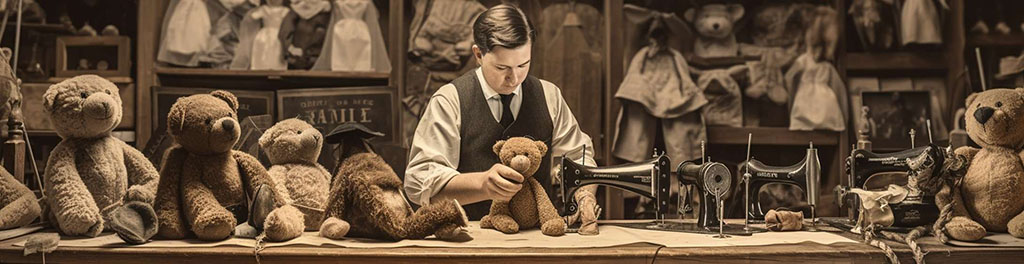 A craftsman carefully sewing a teddy bear by hand in a vintage workshop surrounded by handmade plush toys and sewing machines.