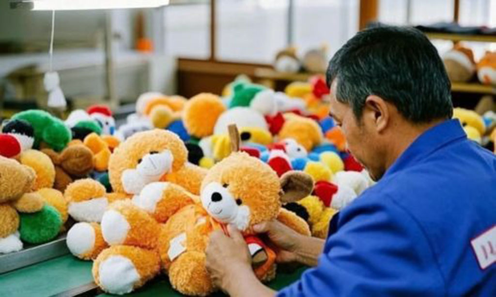 Factory worker checking a teddy bear among colorful plush toys during quality inspection at a plush toy manufacturing workshop.