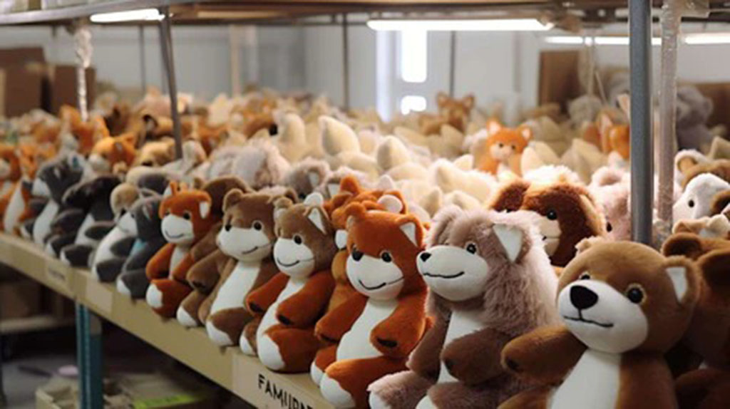 Rows of stuffed animal toys neatly lined up on warehouse shelves in a plush toy factory.
