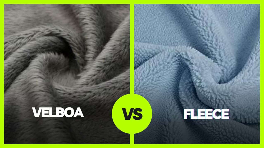 Side-by-side comparison of velboa and fleece fabrics, highlighting texture differences for plush toy material selection.