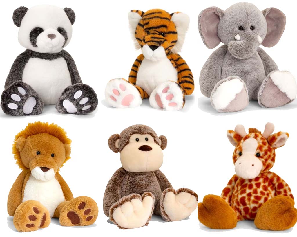 A collection of six soft plush animals including a panda, tiger, elephant, lion, monkey, and giraffe, all seated and displayed against a white background.