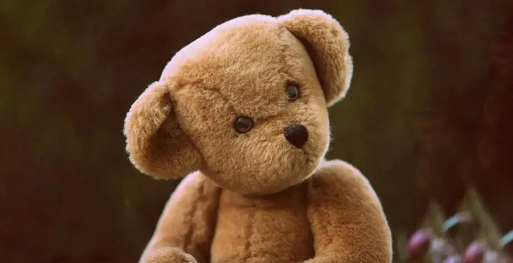  Close-up of a vintage-style brown teddy bear with soft fur and button eyes sitting outdoors.