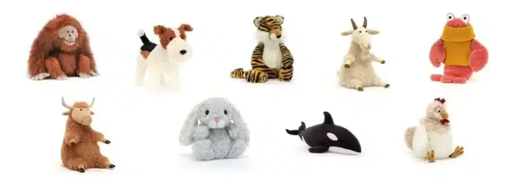 Assorted plush animals—including an orangutan, dog, tiger, goat, frog, cow, bunny, orca, and chicken—arranged in two neat rows on a white background.