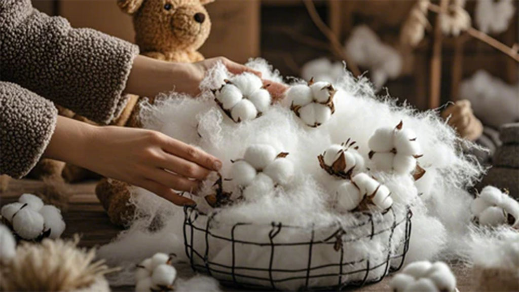 Hands arranging fluffy natural cotton fibers and cotton bolls in a basket, showing soft, plant-based stuffing used for eco-friendly plush toys.
