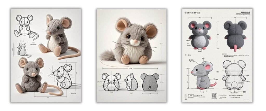 Technical design sheets showing how a mouse plush toy is created from sketches to 3D model, with measurements, proportions, and front-side-back views used in plush toy manufacturing.