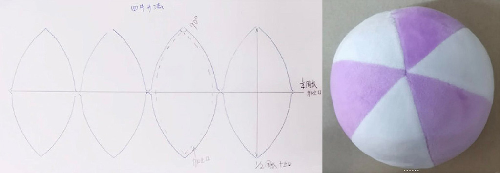 Hand-drawn sewing pattern of unfolded spherical panels beside a completed pink and white plush ball.